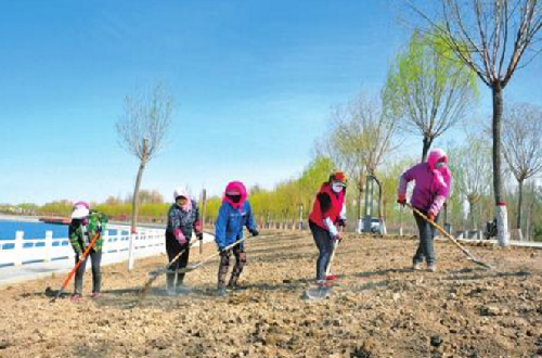 园林绿化工人在锦玉公园平整土地。酒泉市城区园林绿化工程预计新增绿地98.42万平方米。